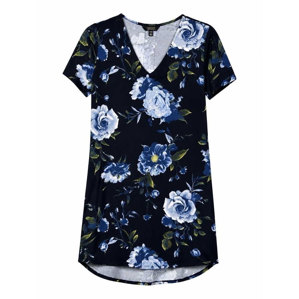 Christian Siriano Floral Dress M Blue Black V Neck Shift Tunic Casual Midi Dress